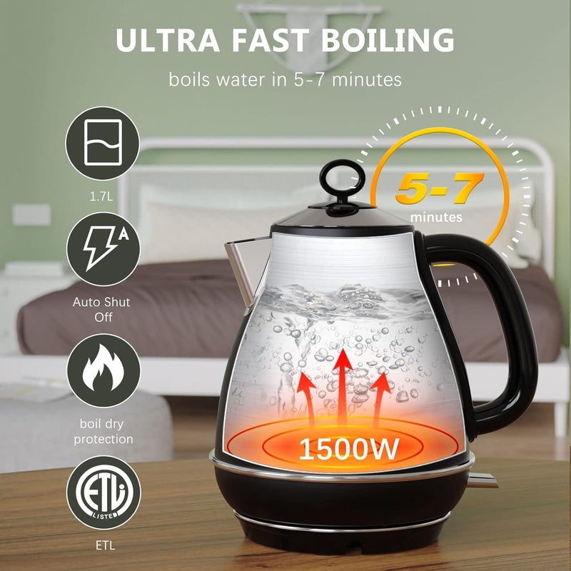 evoloop 1.7L Electric Kettles, BPA Free Tea Kettle, Hot Water Boiler Heater, Stainless Steel Teapot, Auto Shut-Off & Boil-Dry Protection, 120V/1500W (Black) - Image 2